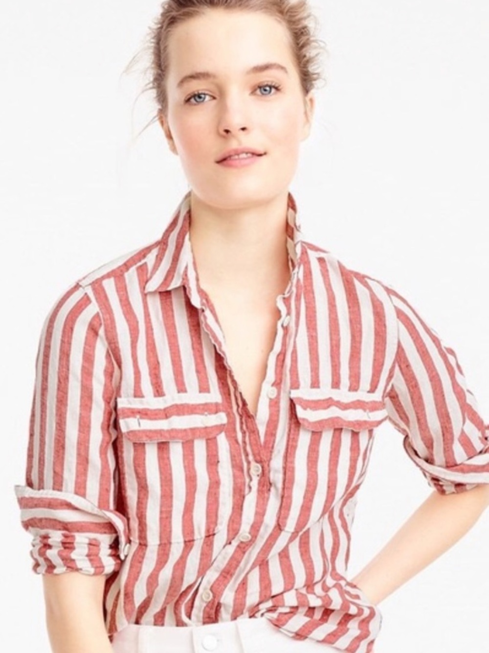 J.Crew Wexel Linen Stripe Shirt size Medium Red / White Stripe